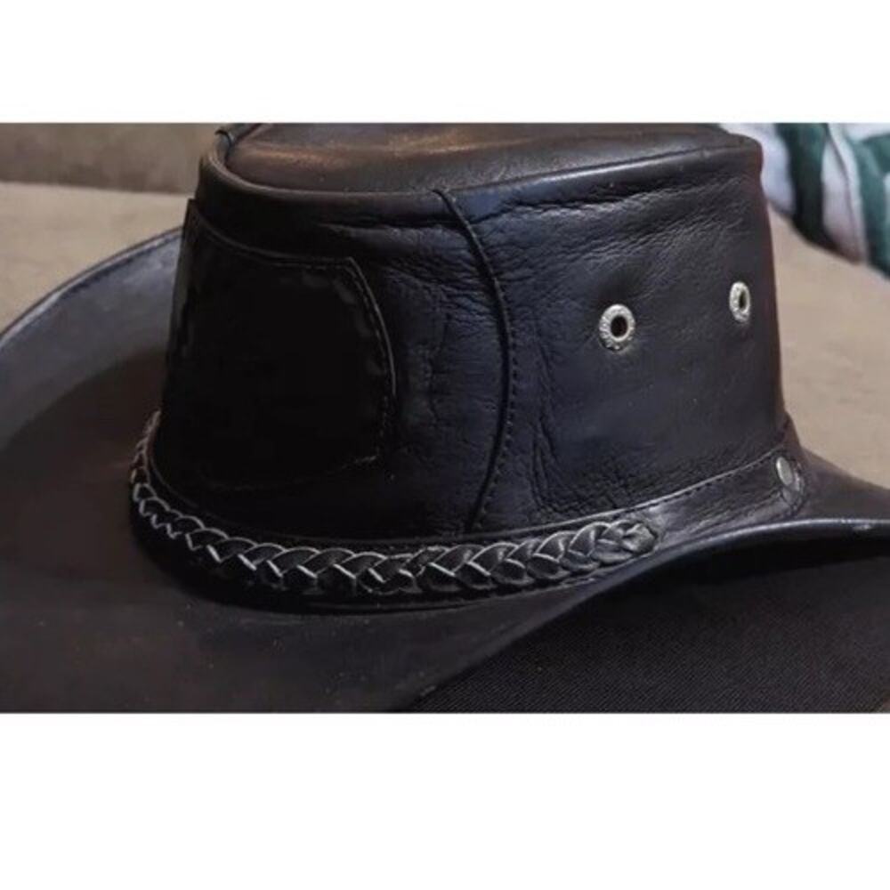 Genuine Leather Outback Cowboy Hat Black Western Biker Rancher Aussie Boho Vtg - Picture 2 of 6